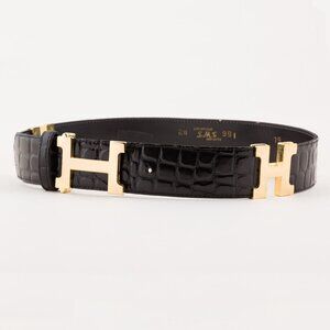 1970s/1980s Vintage "H" Buckle Black Faux Croc Waist Belt Sz XS S